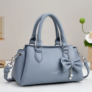 Litchi pattern grey-blue large capacity tote bag with pearl bow charm and shoulder strap