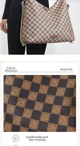 Macro detail of monogram print synthetic leather fabric and metal chain strap on tote bag