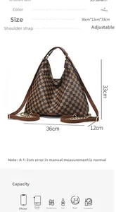 Detailed view of brown checkered hobo bag showing 36x12x33cm dimensions and capacity