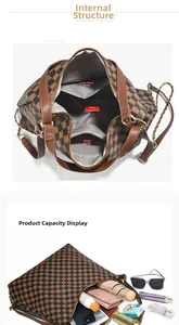 Detail view of the interior structure and large capacity of this checkered shoulder bag