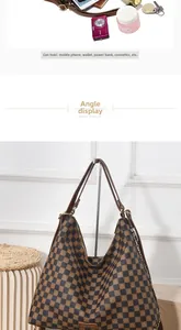 Detailed view of spacious interior and printed checkerboard pattern on hobo bag