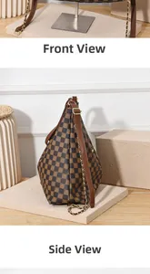 Front and side views of a vintage brown checkered handbag with chain and leather straps