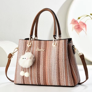 Woven Striped Women Tote Bag PU Leather Trim Large Capacity Handbag Shoulder Crossbody With Plush Charm Chic Summer