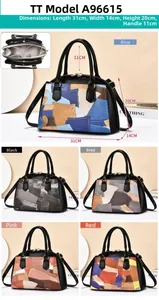 Detailed view of color-block tote bag showing lychee pattern PU leather and size dimensions