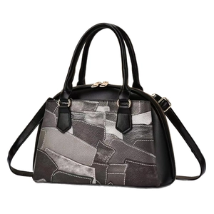 Women's two-tone crossbody tote bag with gray patchwork and lychee texture