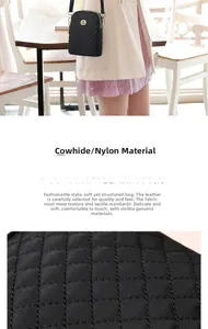 Close-up of quilted nylon cross-body phone bag with genuine cowhide leather texture details