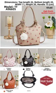 Detailed dimensions diagram of cherry print bucket bag with measurements and color options