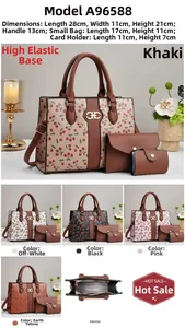 Three-piece tote bag set with cherry print, showing interior and dimensions