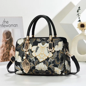 Sac À Main Broderie Florale Cuir PU Vintage Sac Bandoulière Avec Pendentif Feuille Künstliche Perle Pour Femme Élégant
