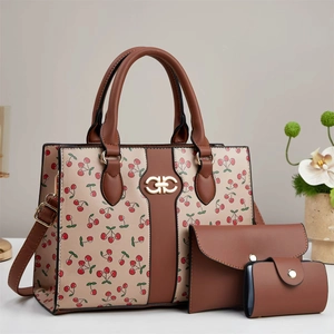 Three-piece women's vintage tote bag set with cherry print and gold interlocking logo