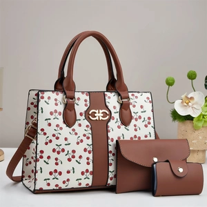 Women Cherry Print Handbag Matching Set Vintage PU Leather Tote Shoulder Bag Envelope Clutch Card Holder For Daily Commute