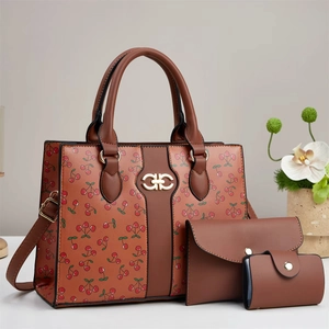 Retro brown 3-piece handbag set with cherry print, tote and crossbody bags