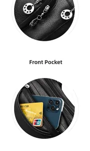 Front pocket detail of black pebbled leather crossbody bag showing phone and card storage