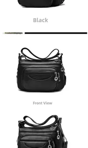 Close-up of black litchi pattern PU leather crossbody bag with functional metal zippers