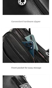 Close-up of black PU leather crossbody bag with star hardware zippers and phone pocket