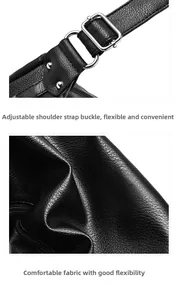 Detail of adjustable silver buckle and lychee texture on black PU leather shoulder bag