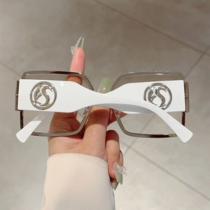 Detail of square silver metal sunglasses frame with white temples and silver S logo emblem