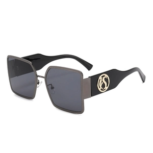 Square metal frame sunglasses with dark grey lenses and golden logo on black temples