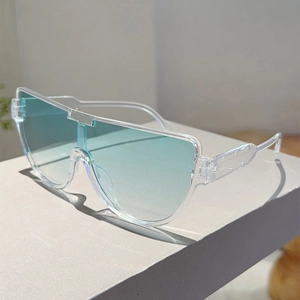 Detail of oversized transparent sunglasses with blue-green gradient shield lenses