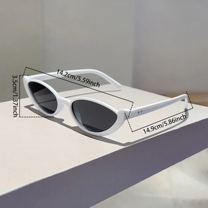 Detailed dimensions of white cat-eye sunglasses with black lenses and retro style