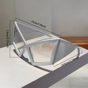 Detailed dimensions of futuristic silver geometric sunglasses with hip-hop style frame