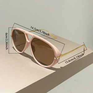 Dimensions détaillées de lunettes aviateur roses avec branches dorées et verres bruns