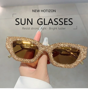 Detail der Luxus-Cat-Eye-Sonnenbrille mit Champagner-Kristallen und braunen Gläsern