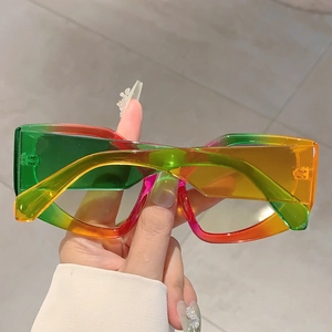Detail of gradient rainbow oversized cat-eye sunglasses with transparent PC frames
