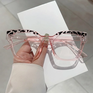 Pink transparent cat eye glasses with black and white animal print frames for women