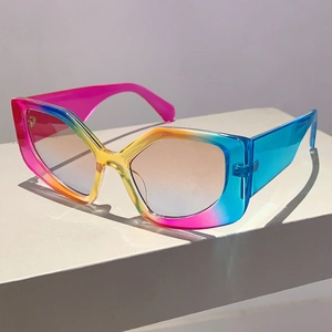 Detail of colorful gradient resin cat eye sunglasses with asymmetric rainbow temples