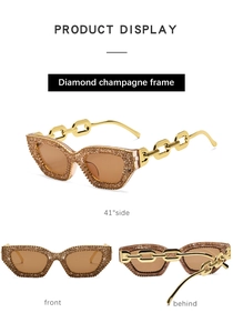 Detailansicht der Champagner-Diamantfassung und Goldketten-Bügel dieser schicken Cat-Eye-Brille