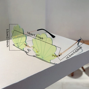 Detailed dimension chart showing shell-shaped sunglasses height and width measurements
