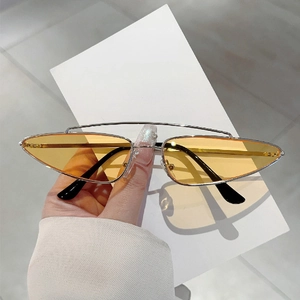 Modern double bridge triangular metal sunglasses with trendy yellow lenses for street style
