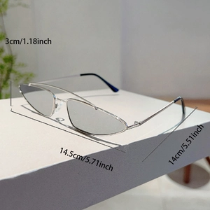 Detailed dimensions of silver metal triangle sunglasses with narrow frame and cat-eye design