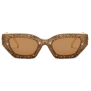 Luxuriöse Cateye-Sonnenbrille mit braunen Strasssteinen und goldfarbenem Rahmen