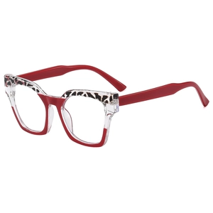 Cat eye blue light glasses with leopard print and red temples in a 45-degree angle