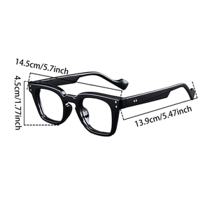 Detailed physical size specifications of retro black square frames in centimeters and inches