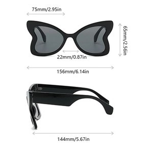 Detailed size chart for butterfly frame sunglasses with precise lens and frame measurements