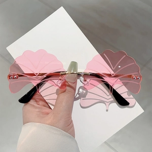 Ginkgo Leaf Shaped Rimless Sunglasses UV400 Transparent PC Lens Metal Frame Party Hip Hop Novelty Fashion Women Men
