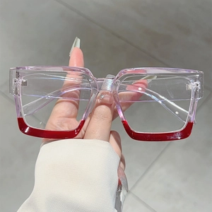 Chic two-tone square frame glasses with clear blue light lenses and red gradient finish