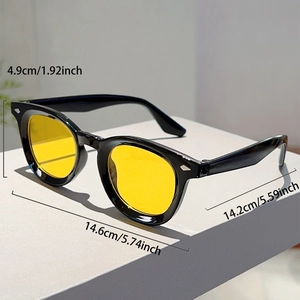 Detailed view of round frame sunglasses with yellow lenses and key size measurements