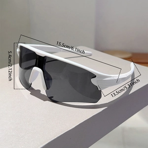 Detailed size dimensions for sports sunglasses with white frame and dark grey lens