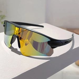 Men's cycling sports sunglasses with matte black frame and orange reflective lenses