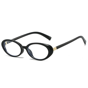 Retro oval black frame blue light blocking glasses with gold temple pyramid details