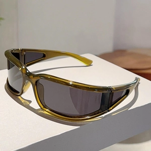 Detail of olive green translucent sports sunglasses with side shield wrap-around lenses