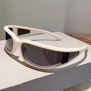 Y2K futuristic creamy white wrap-around sunglasses with gray lenses on a minimalist base