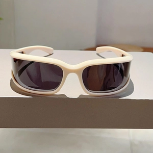 Front view of Y2K style cream white thick frame sunglasses with dark grey rectangular lenses