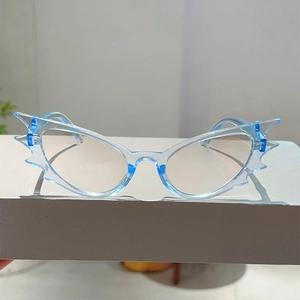 Macro detail of light blue transparent hip-hop sunglasses with flame shape design