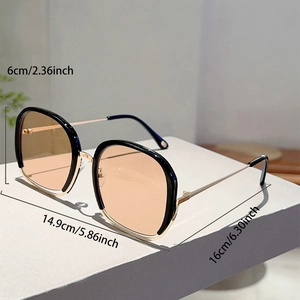 Detailed dimensions of square metal sunglasses with tea tinted lenses and black gold frame