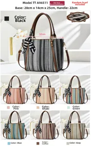 Detailed views of striped woven tote bag featuring dimensions and seven color variants
